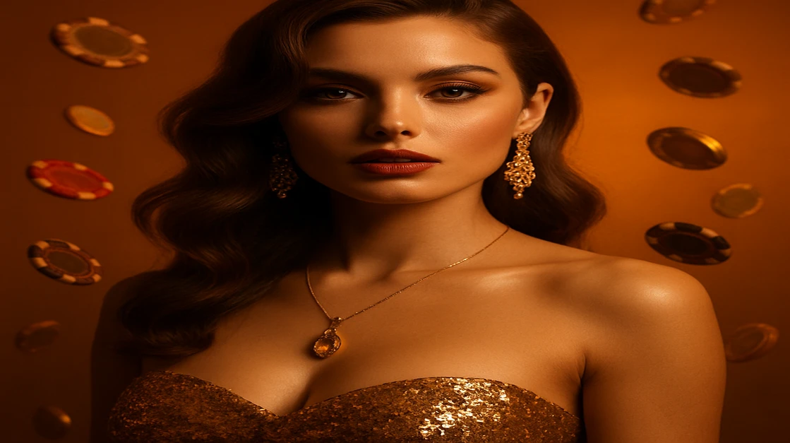 AK44 Live গেমিং-এ একটি ঝলমলে সোনালি পোশাক পরা নারীর উপস্থিতি বিলাসবহুল বিনোদনের অভিজ্ঞতার প্রতীক হিসেবে উদ্ভাসিত, তার চারপাশে চকচকে সোনার মুদ্রা ও চিপস ছড়িয়ে আছে